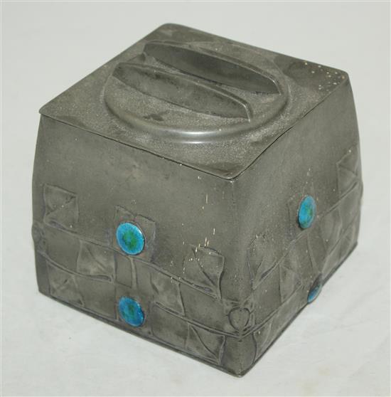 A Liberty English pewter biscuit box, designed by Archibald Knox, W.6in.